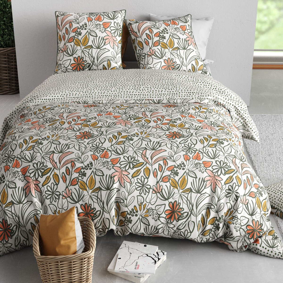 Parure housse de couette en coton imprimée, Narcisse vert, C DESIGN HOME TEXTILE