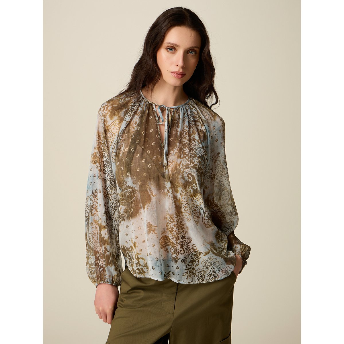 Blouse à motifs avec manches longues marron, OLTRE