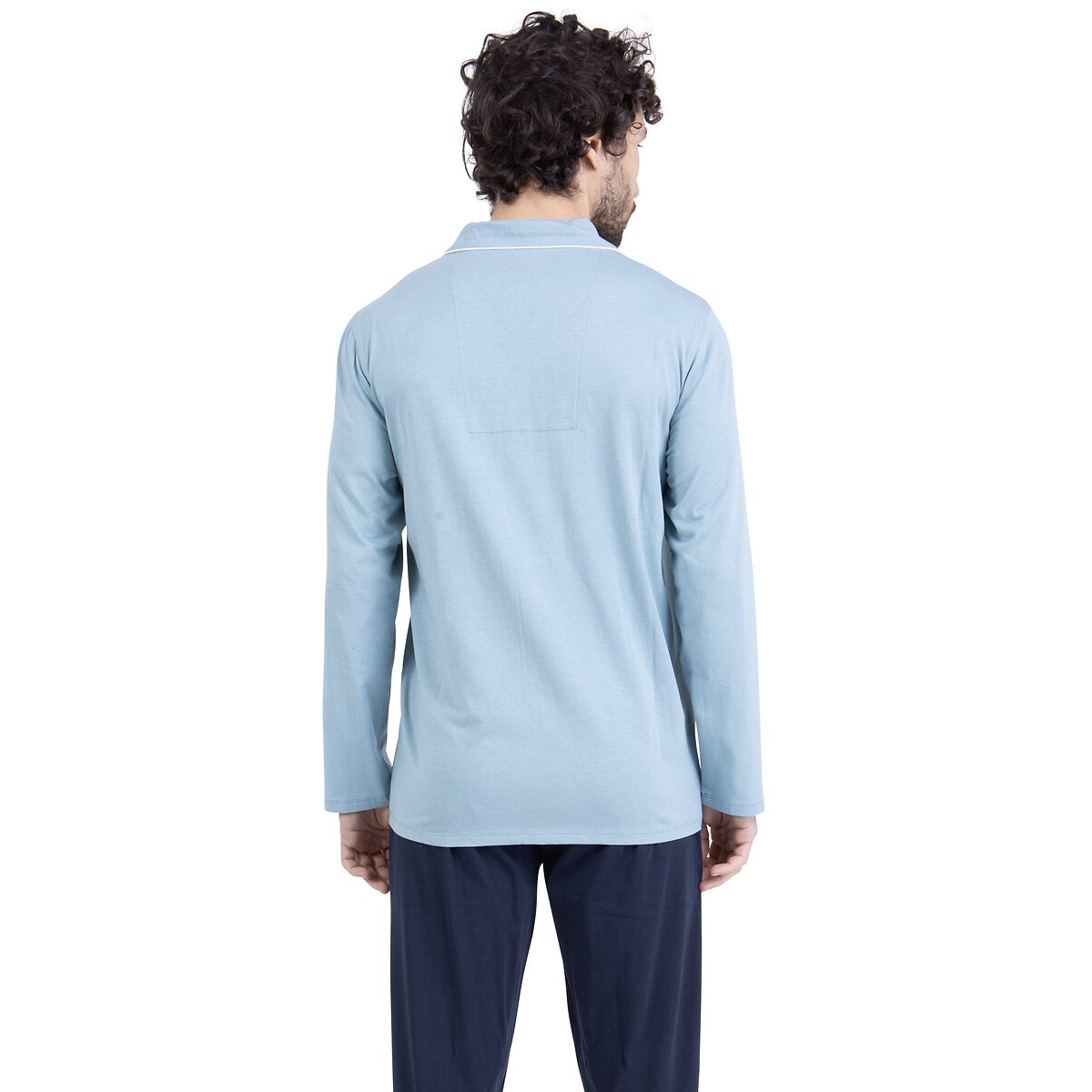 Pigiama lungo in cotone, collo a camicia blu/marine, ATHENA