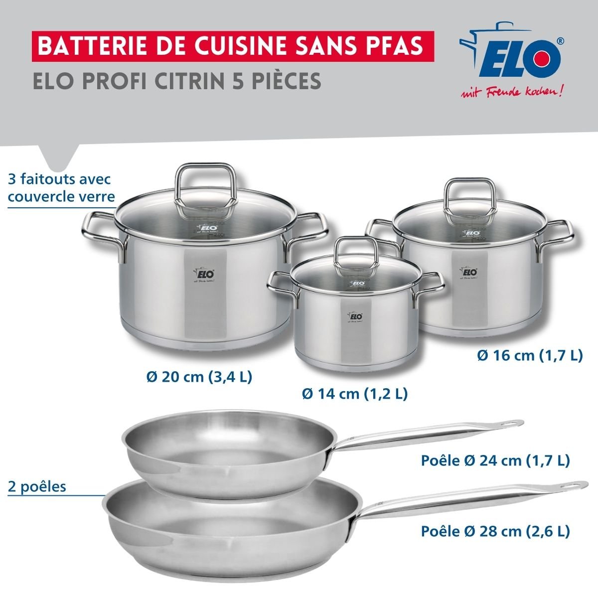 Batterie 2 poêles 24/28cm + 3 faitouts 14/16/20cm PROFI CITRIN gris, ELO