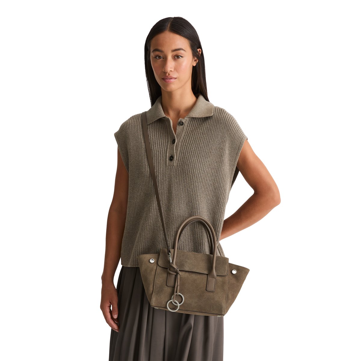 Sac cabas modèle Gitty petit format en cuir velours souple marron clair, MARC O'POLO