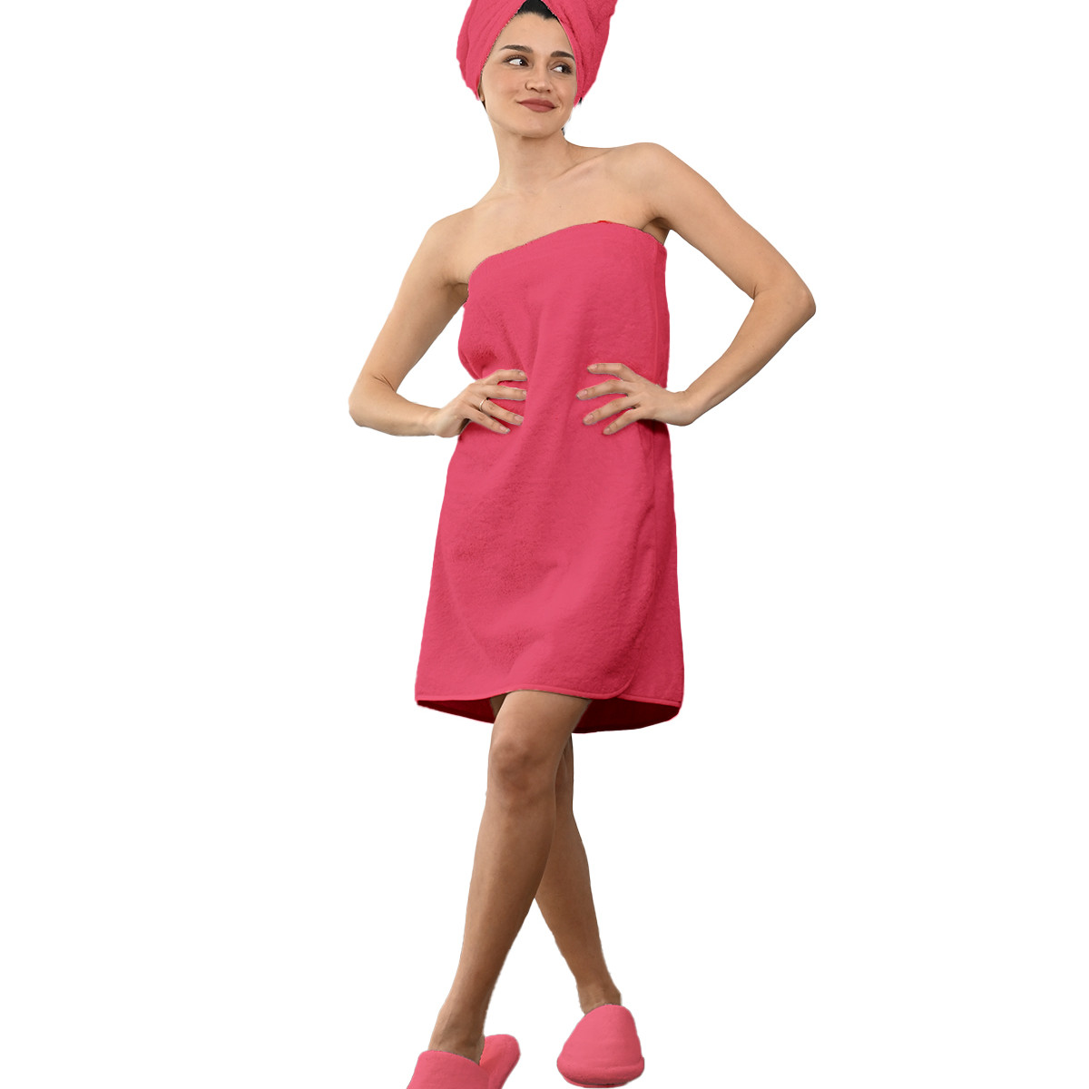 Ensemble Paréo 3 pièces : 1 paréo de bain + 1 bonnet + 1 paire de mules LUXURY rose indien, SENSEI MAISON
