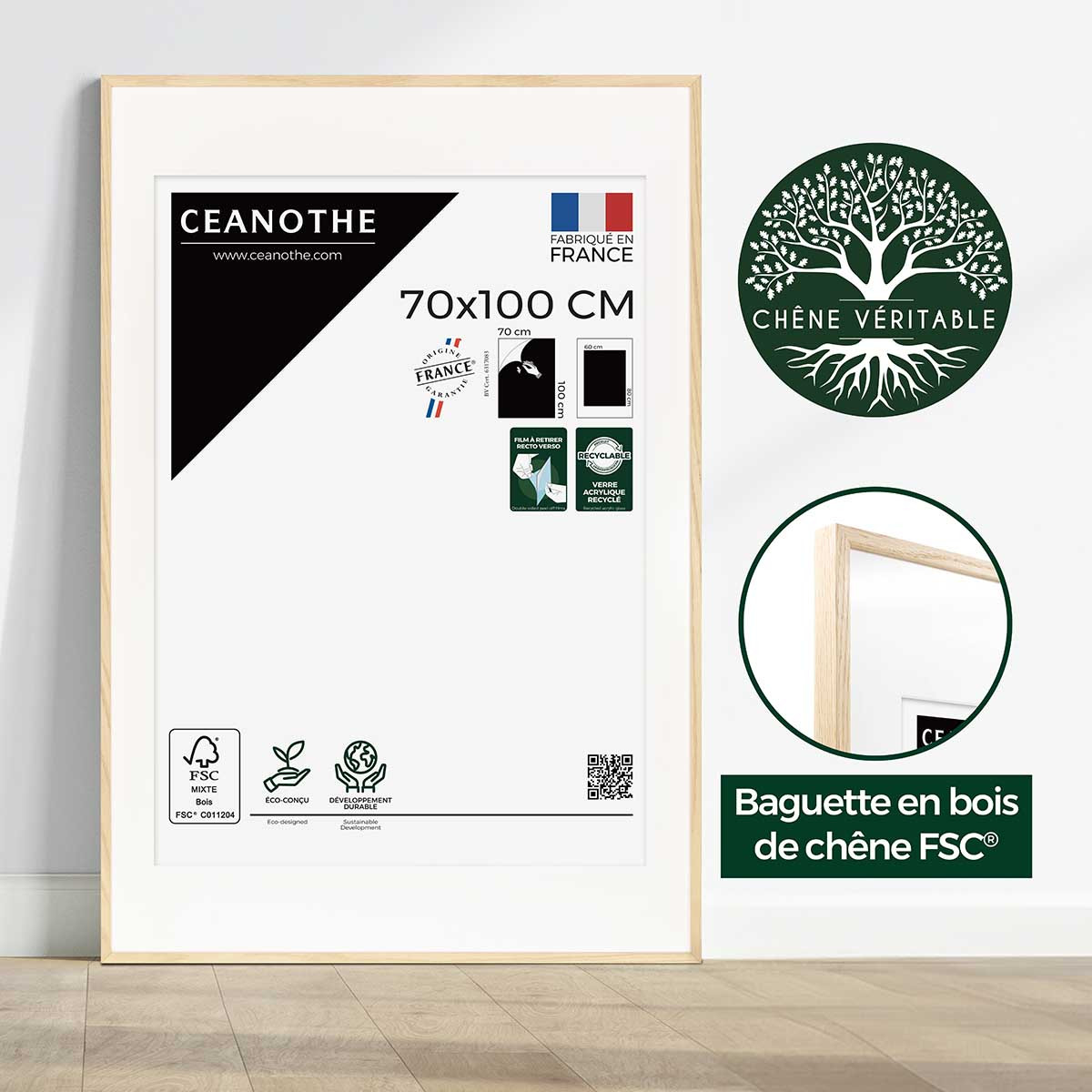 Cadre Photo Avec Passe-partout En Chêne ALBA bois brut, CEANOTHE