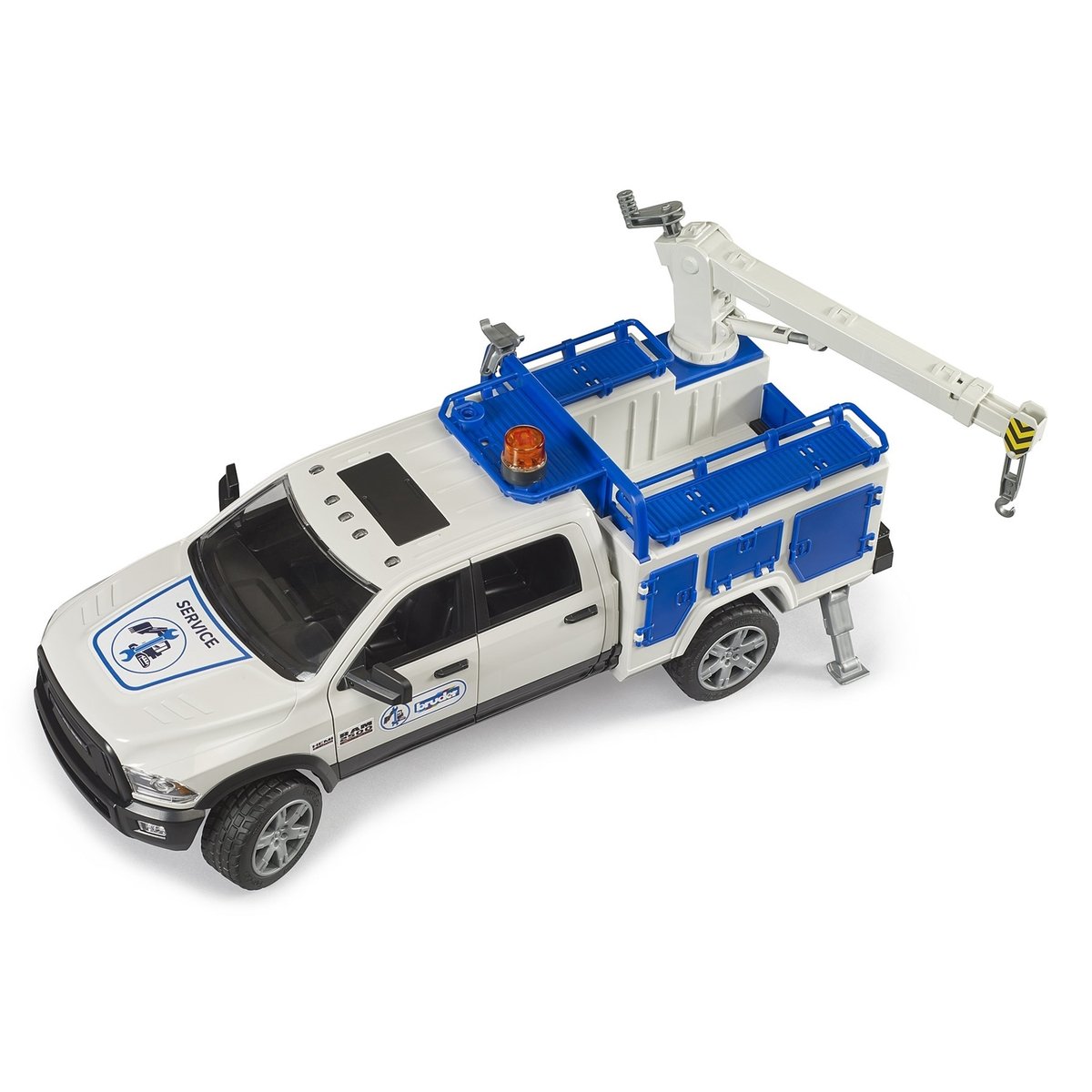 RAM 2500 Camion de service avec grue et gyrophare blanc et bleu, BRUDER