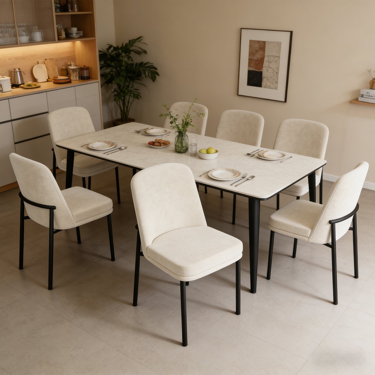 Lot de 6 chaises de salle à manger en velours avec pieds métal, DUORAUC beige, MEUBLES COSY
