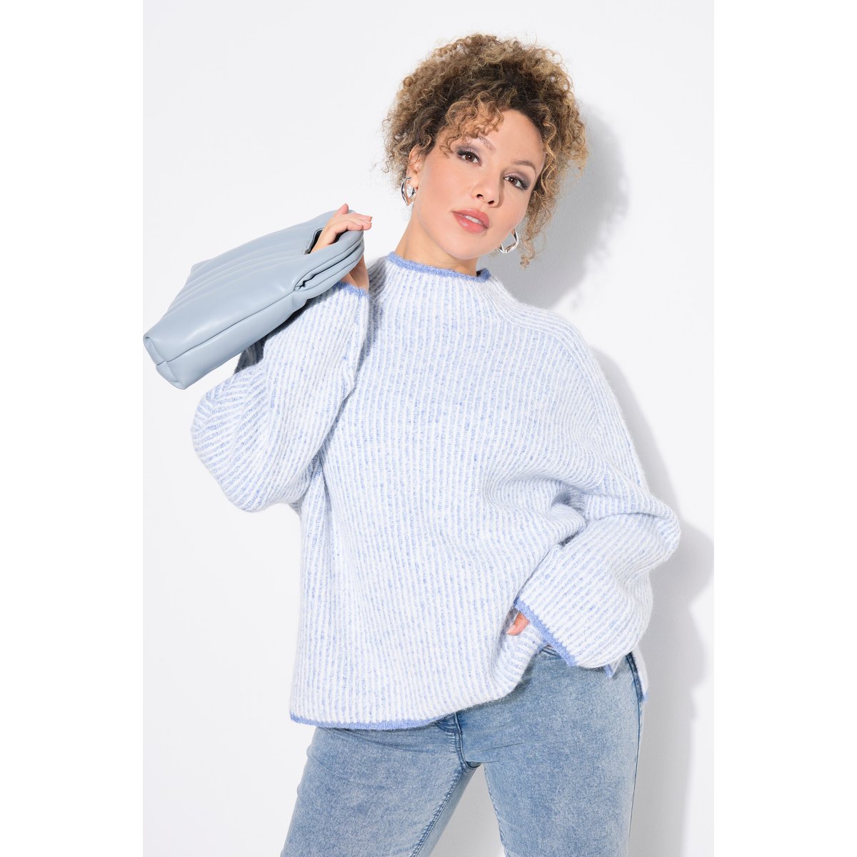 Pull col montant à rayures, manches longues bleu ciel, ULLA POPKEN