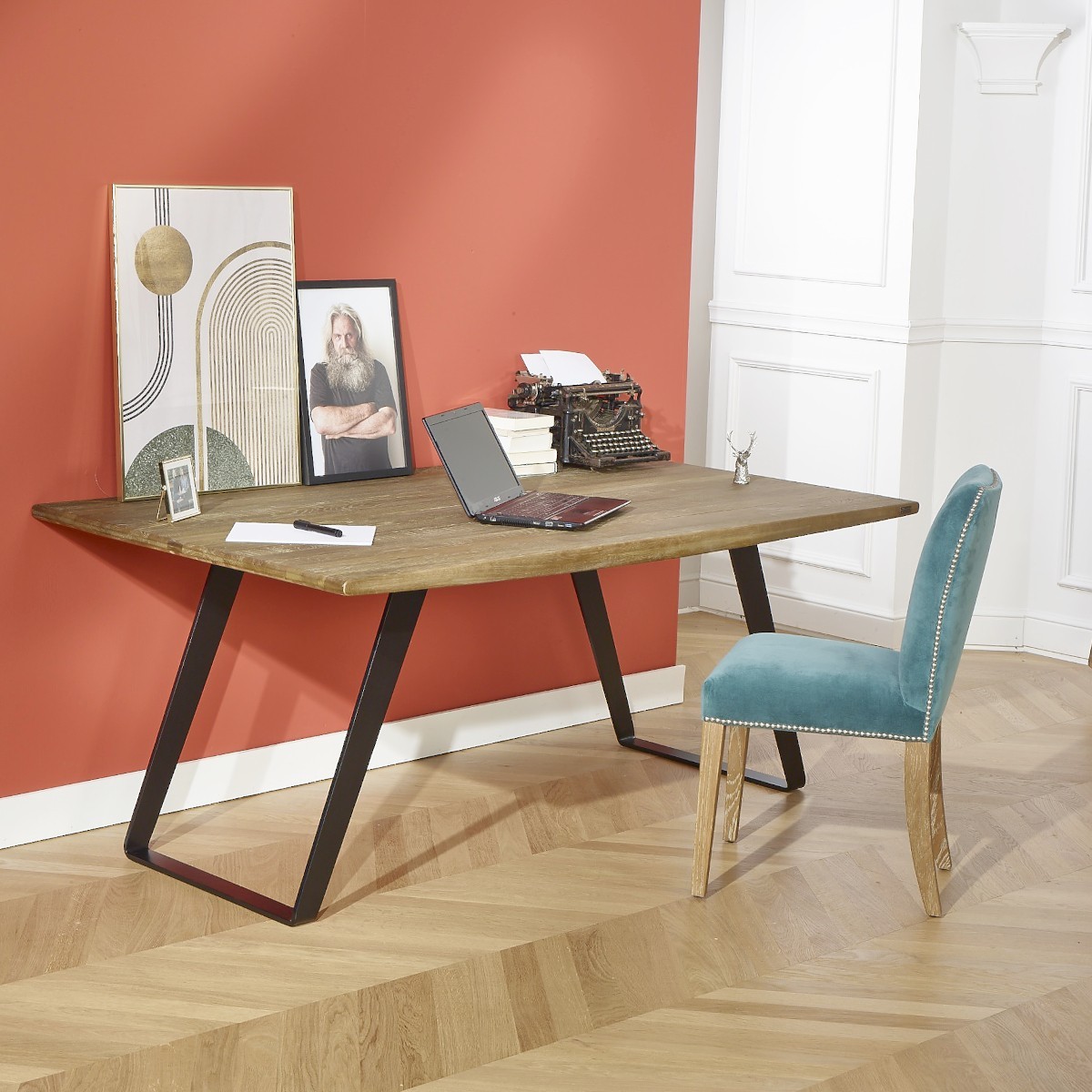Table rectangulaire en chêne et métal, 8 couverts HECTOR noire, ROBIN DES BOIS