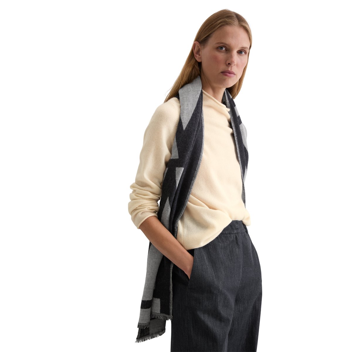 Écharpe jacquard en mélange de laine vierge et de viscose noir, MARC O'POLO