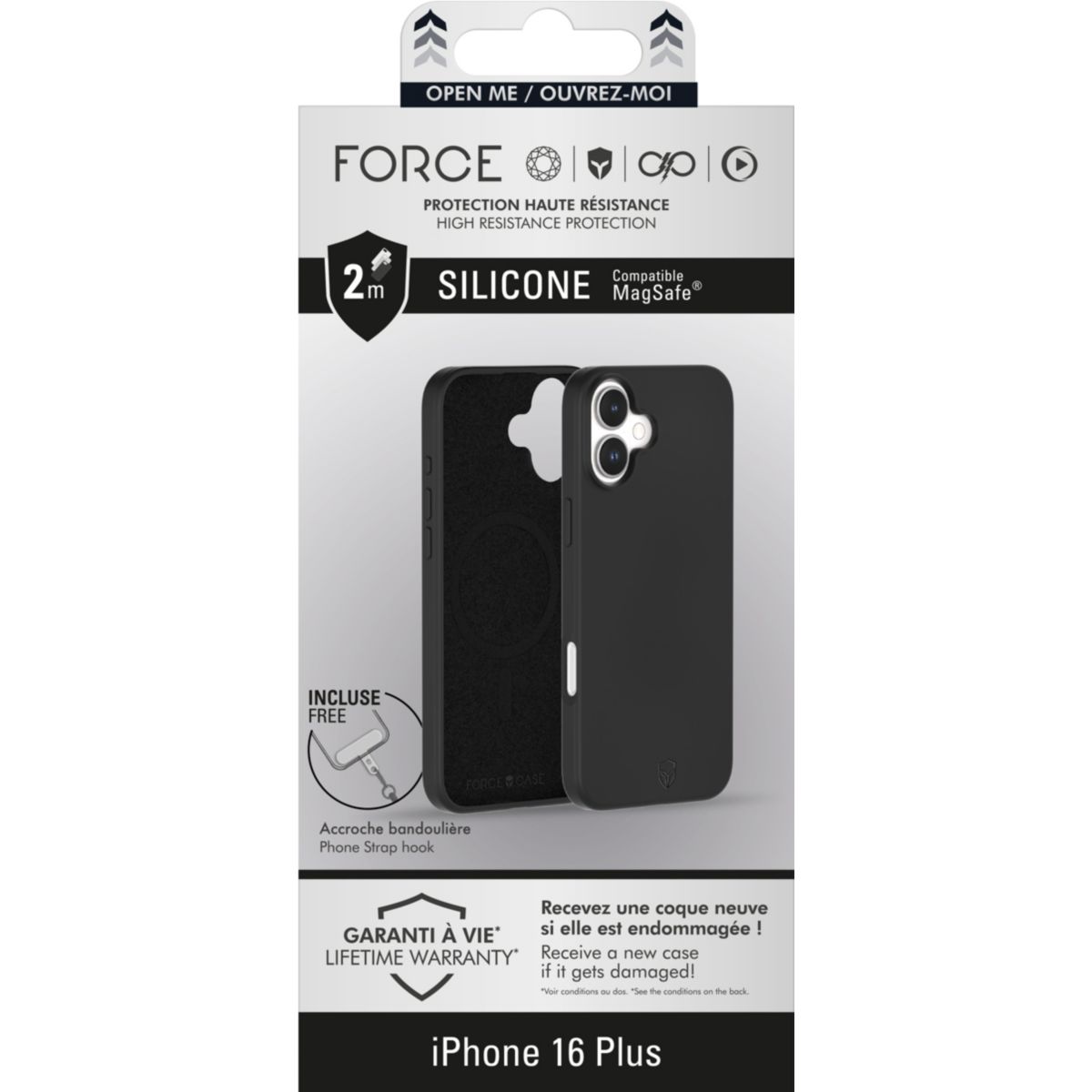 Coque iPhone 16 Plus MagSafe siliconne Noir couleur unique, FORCE CASE