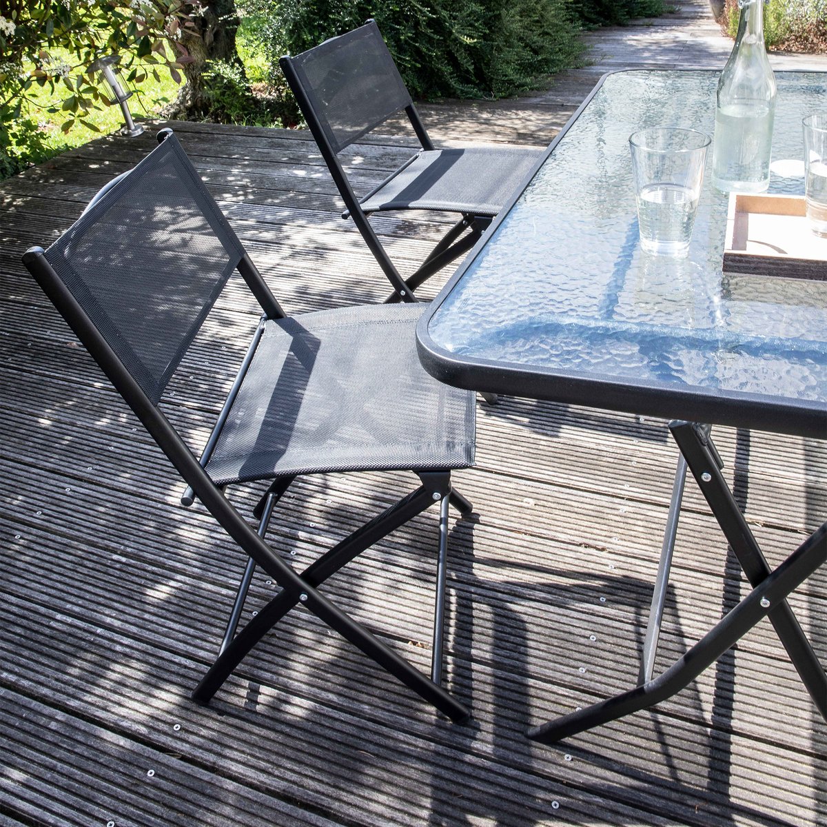 Salon de jardin table et 4 chaises pliantes en acier et verre, CALVI noir, OVIALA