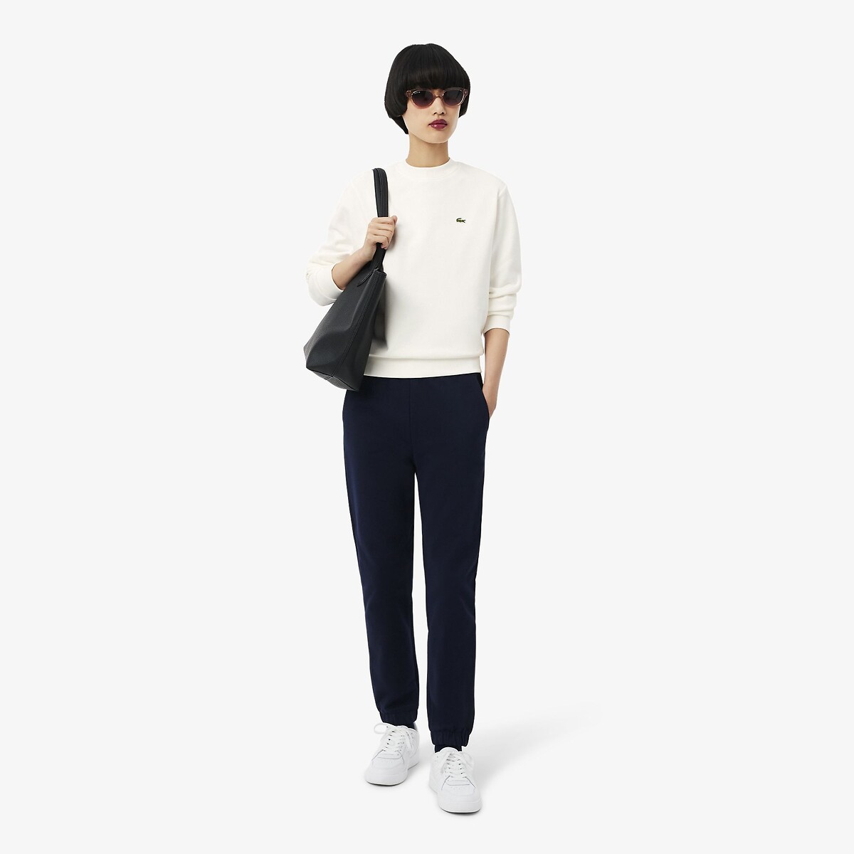 Felpa girocollo con logo ecru , LACOSTE