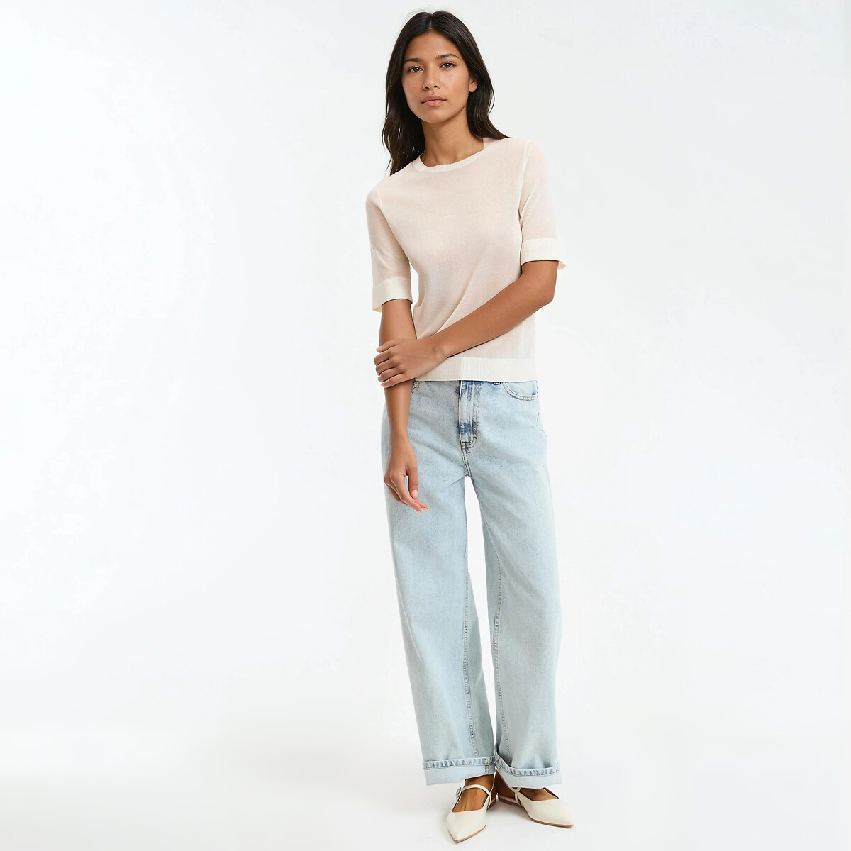Pull col rond, en fine maille ivoire, LA REDOUTE COLLECTIONS