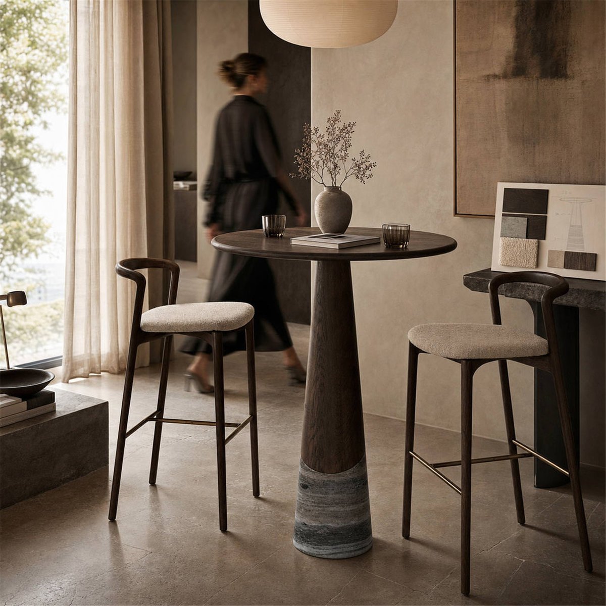 Table de bar ronde en chêne, HARPER chêne fumé charbon et marbre gris, RECOLLECTION