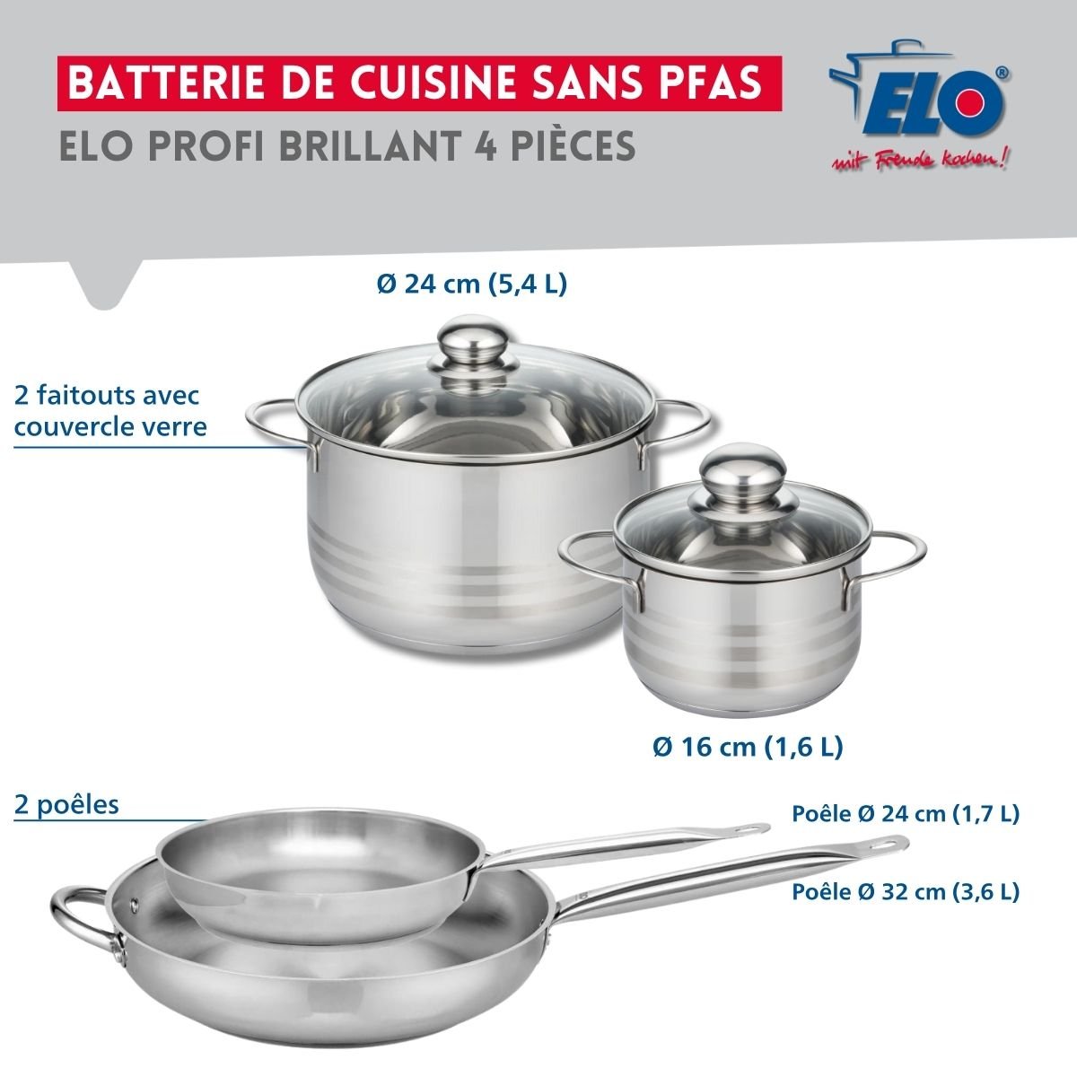 Batterie 2 poêles 24/32cm + 2 faitouts 16/24cm PROFI BRILLANT gris, ELO