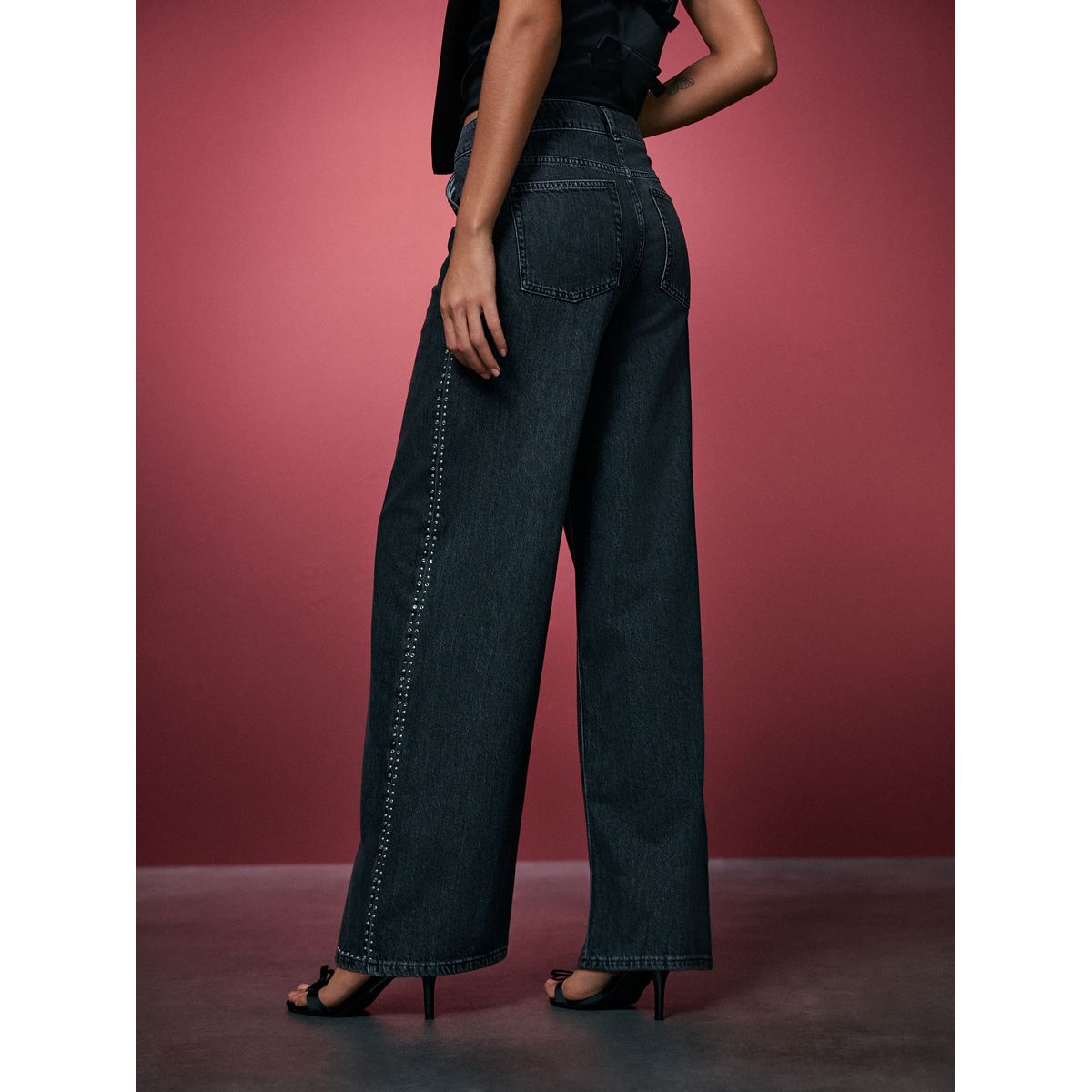 Jean large palazzo taille haute avec clous gris, NEXT