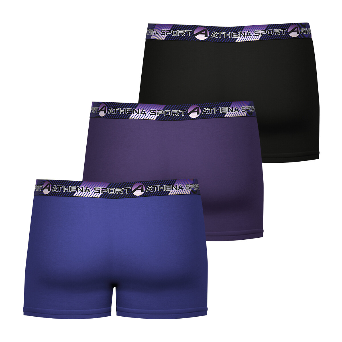 Lot de 3 boxers Training bleu + violet + noir, ATHENA
