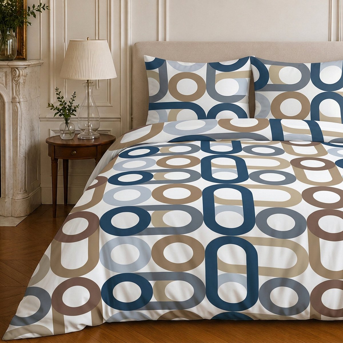 Parure de lit en coton motif géométrique, DAIKO bleu, C DESIGN HOME TEXTILE
