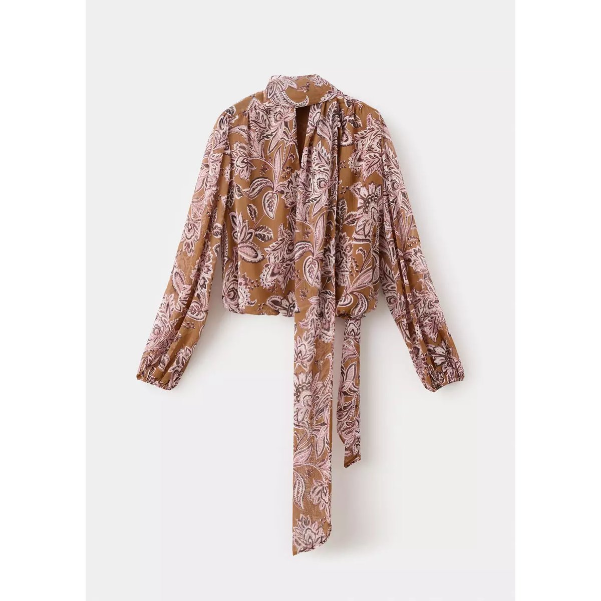 Blouse nœud imprimé fleuri marron, MANGO