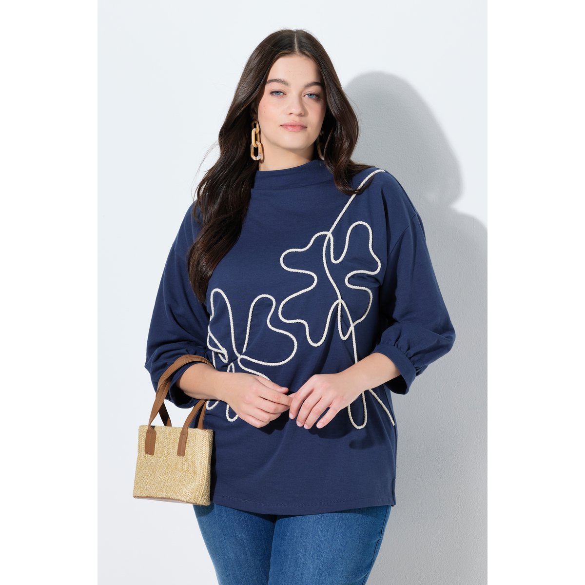 Sweat-shirt en coton bio, trèfles en corde marine, ULLA POPKEN