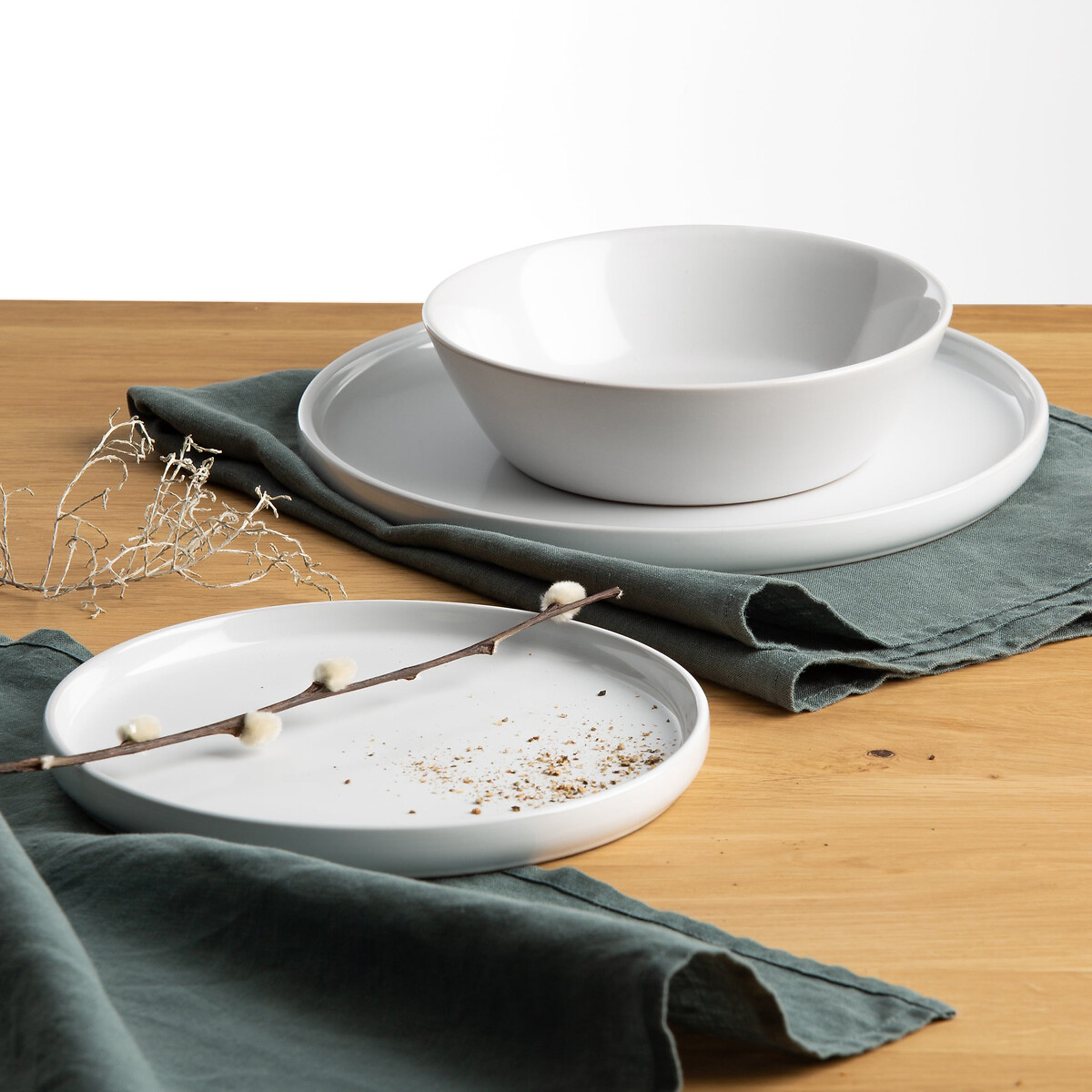 Lot 4 assiettes plates en grès ELINOR blanc, LA REDOUTE INTERIEURS