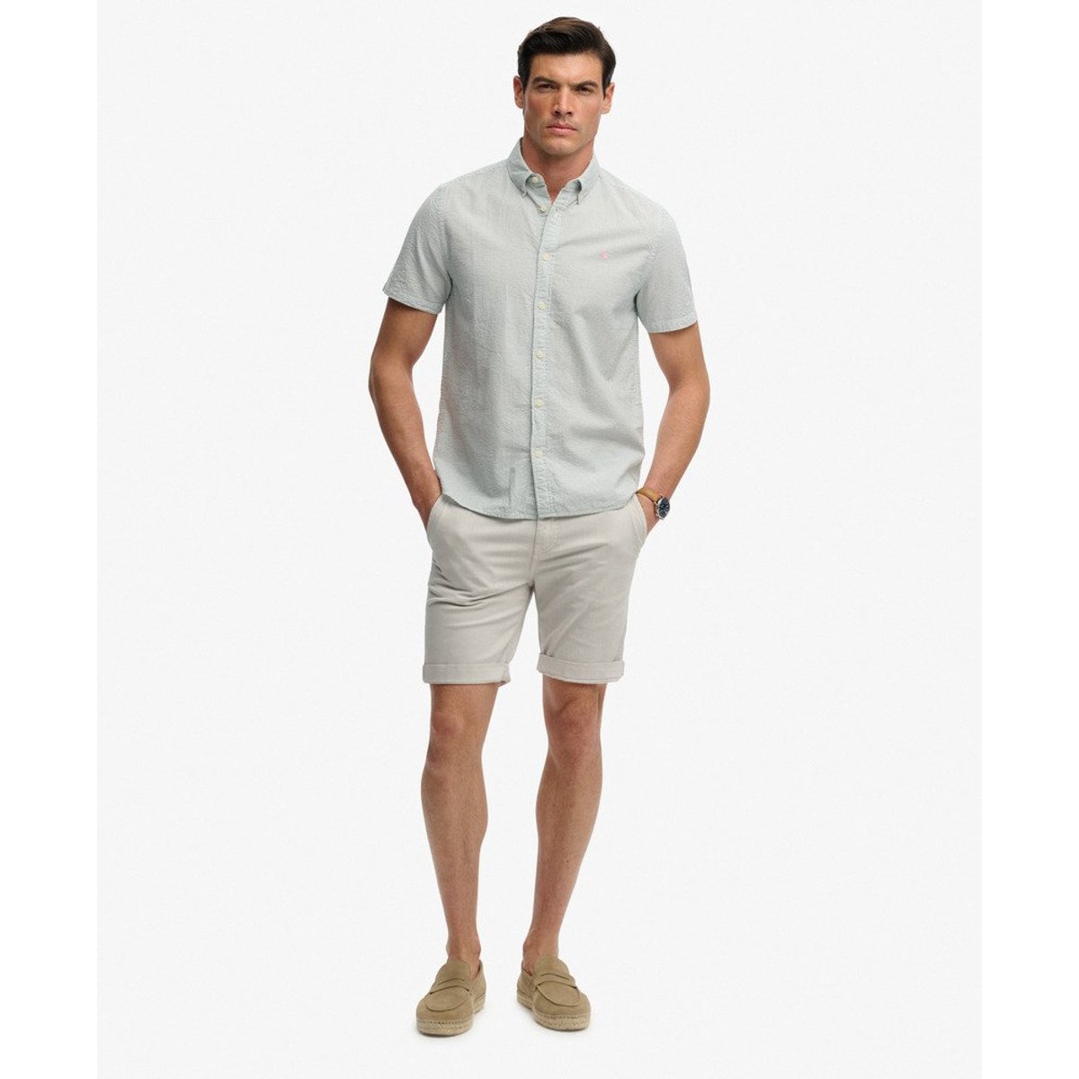 Chemise à manches courtes en seersucker classique crème/vert, SUPERDRY