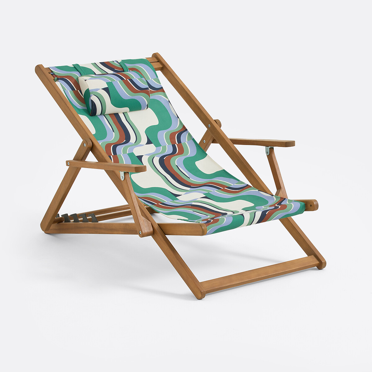 Chaise longue en acacia massif, tissu avec motif graphique, SONGE VERT vert/bleu, MAPOÉSIE X LA REDOUTE INTÉRIEURS