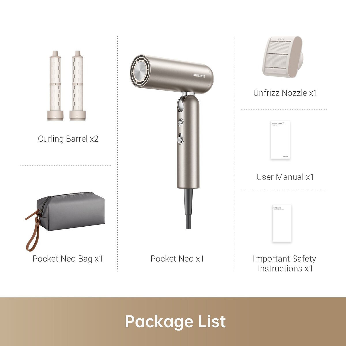 Pocket Neo Hair Dryer - AHD51 gold-coloured, DREAME