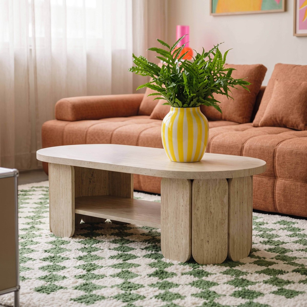 Table basse effet travertin ovale 110x50 cm, MOLLY blanc, OVIALA
