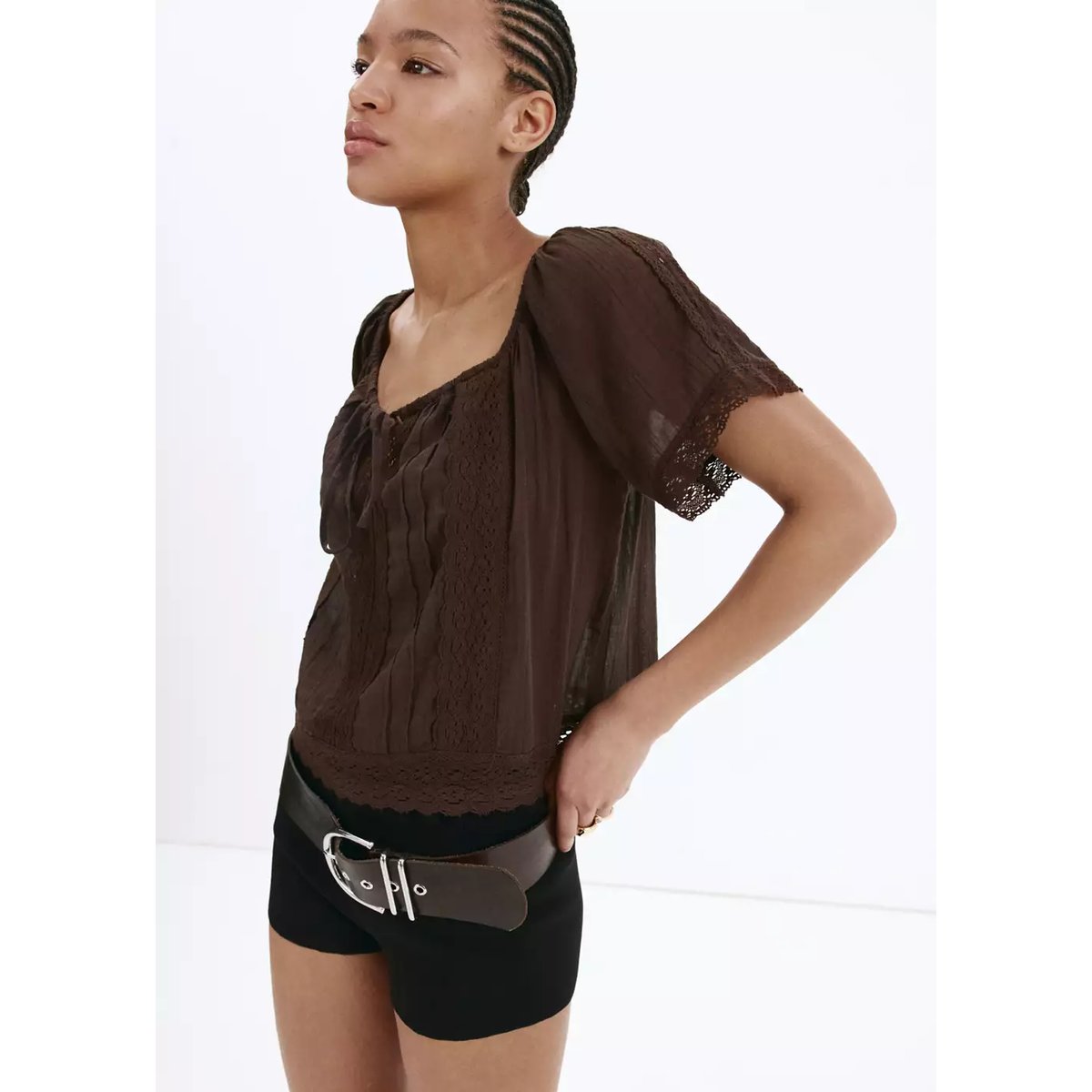 Blouse en coton et dentelle marron, MANGO