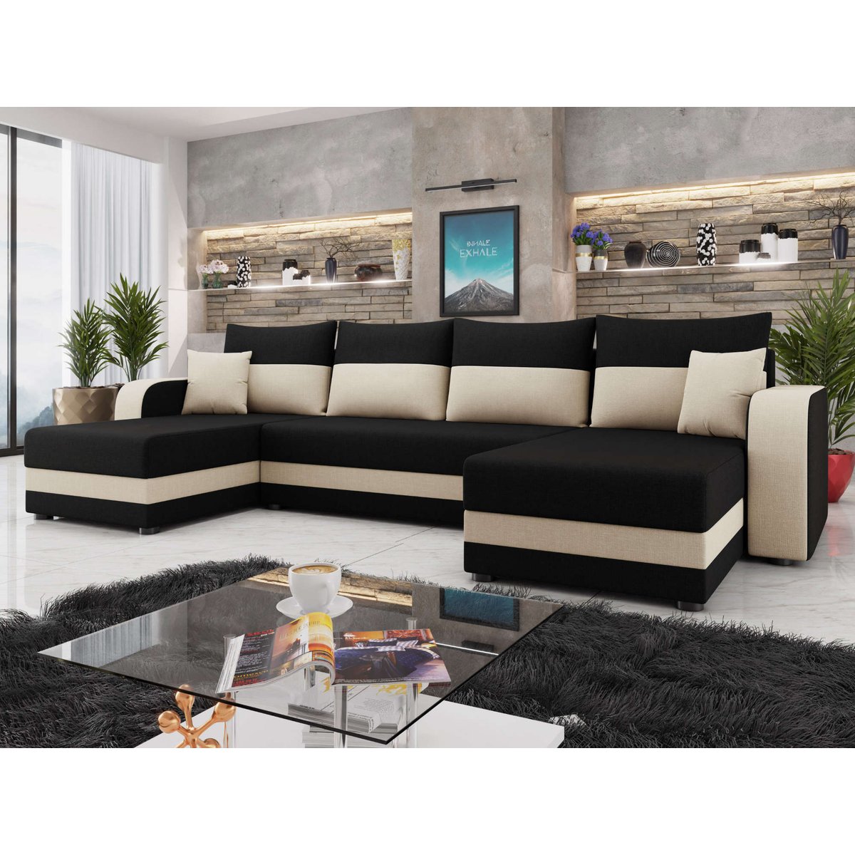 Canapé panoramique convertible 7 places, HARVEY noir / beige, BEST MOBILIER