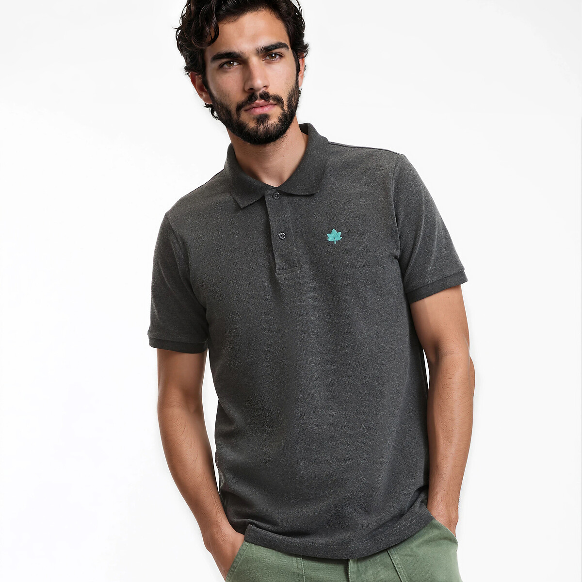 Polo de manga corta, bordado, logotipo gris oscuro jaspeado, LA REDOUTE COLLECTIONS