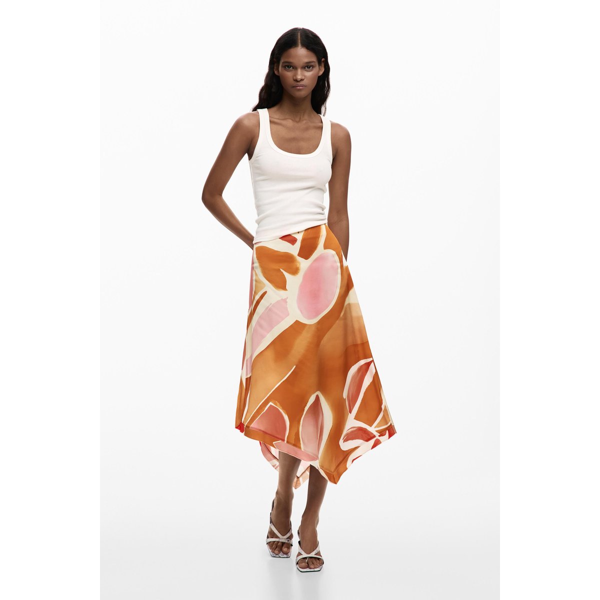 Jupe asymétrique pétales orange, DESIGUAL