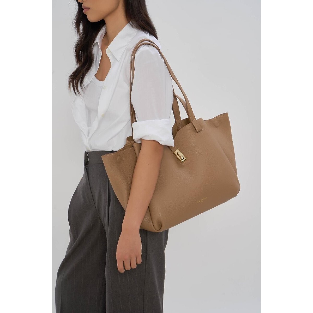 Sac cabas porté épaule L en cuir, MILANO HORIZON sable, LANCASTER
