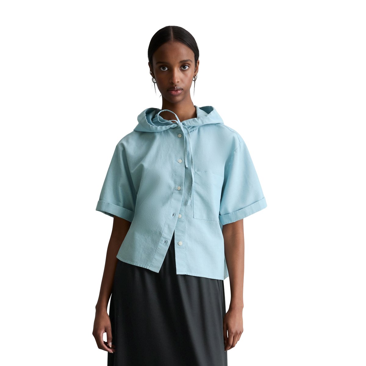 Blouse à capuche relaxed cropped en coton organique Oxford bleu clair, MARC O’POLO DENIM