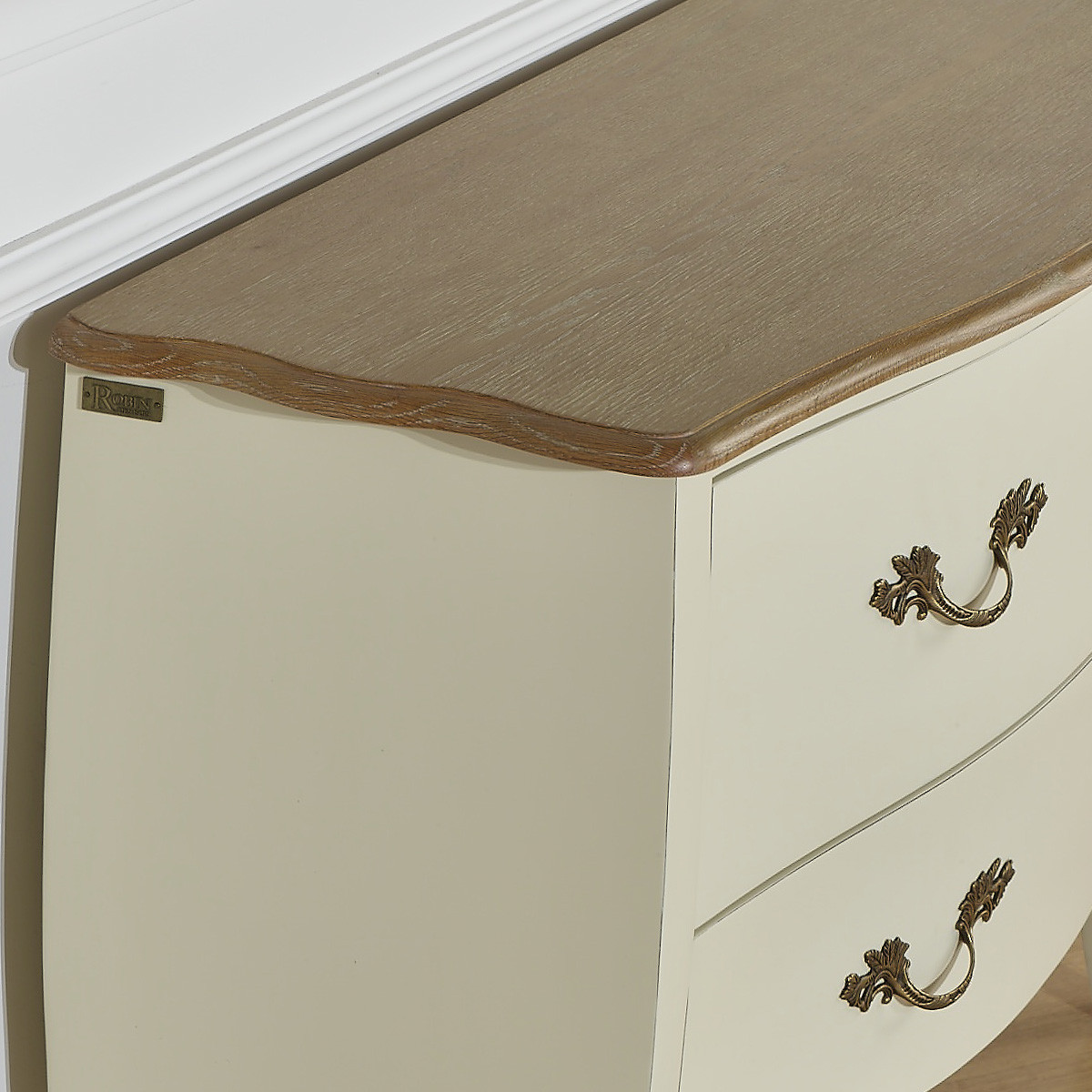 Commode style shabby chic, plateau chêne, 2 tiroirs AQUITAINE blanc, ROBIN DES BOIS