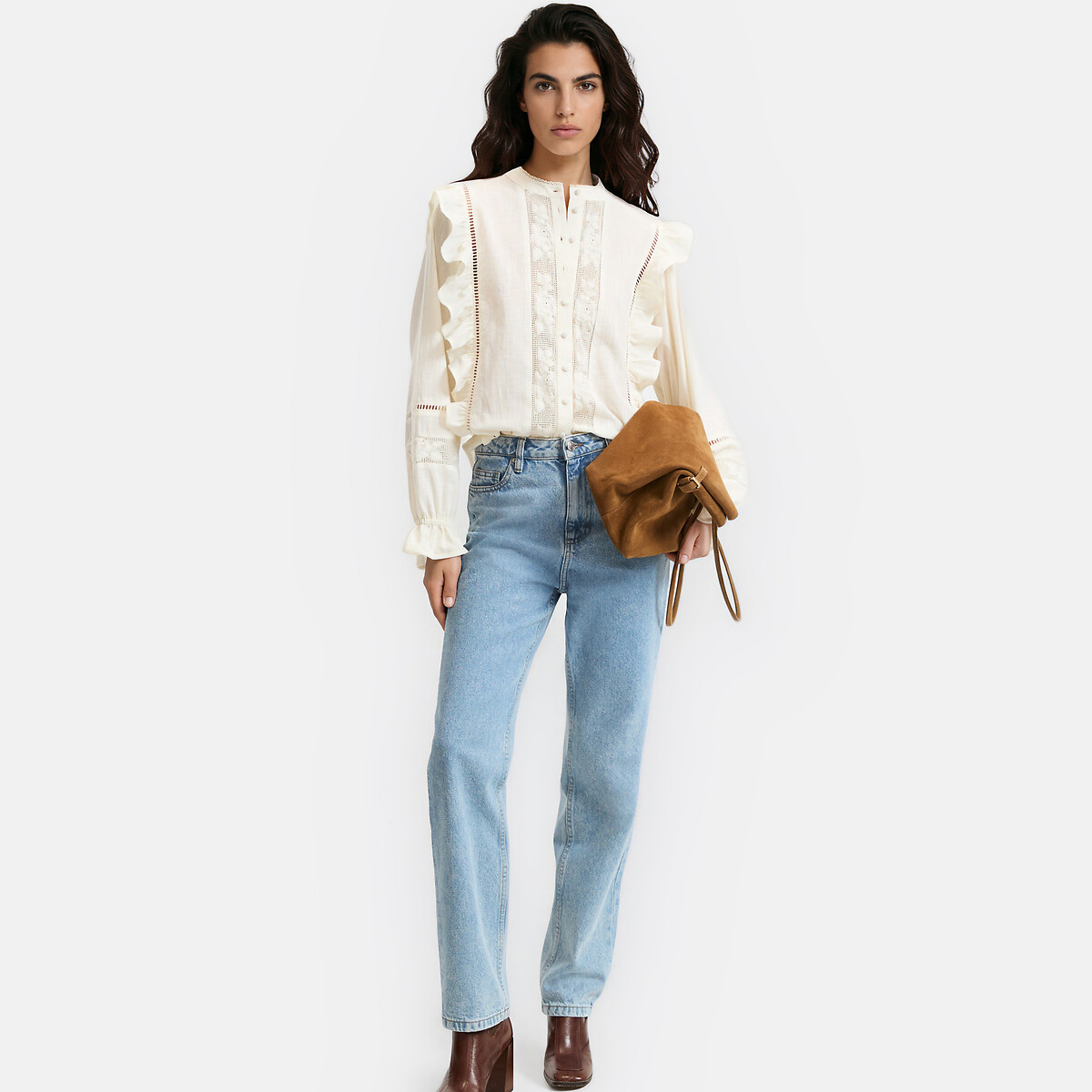 Camisa de cuello redondo, con bordados y volantes blanco, LA REDOUTE COLLECTIONS