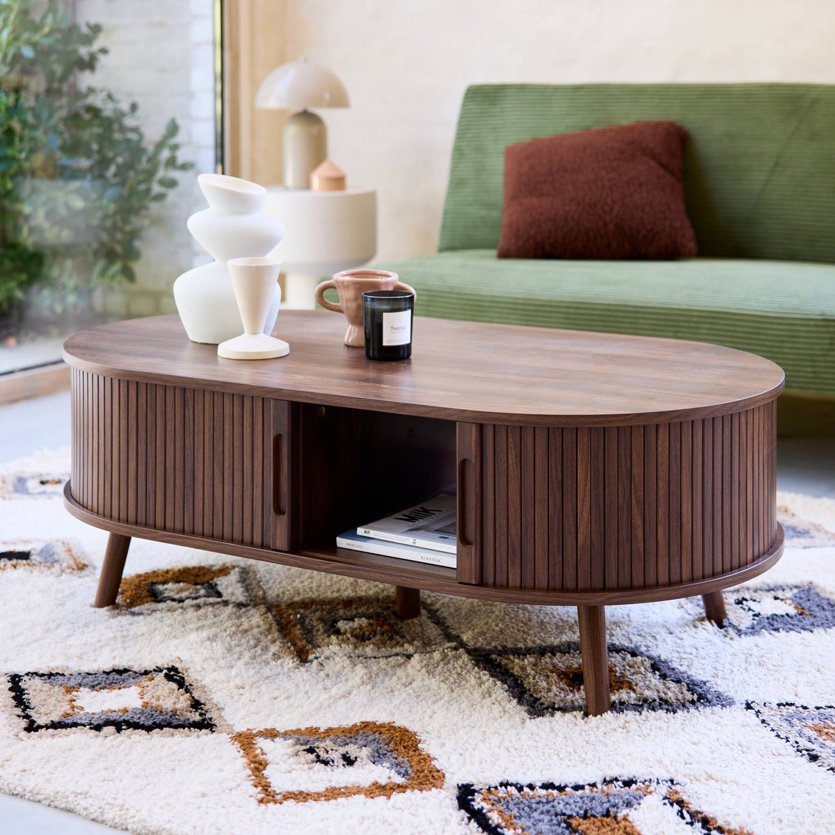 Table basse scandinave décor bois rainuré 2 portes coulissantes LEGACY naturel, SWEEEK