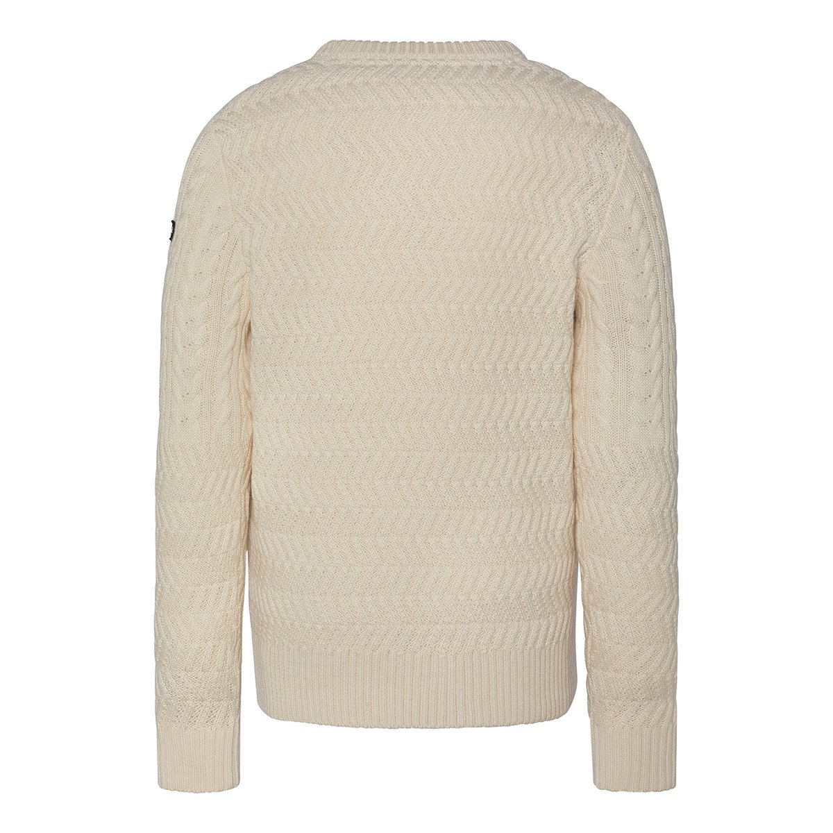 Pull col rond noir, maille torsadée blanc cassé, SCHOTT