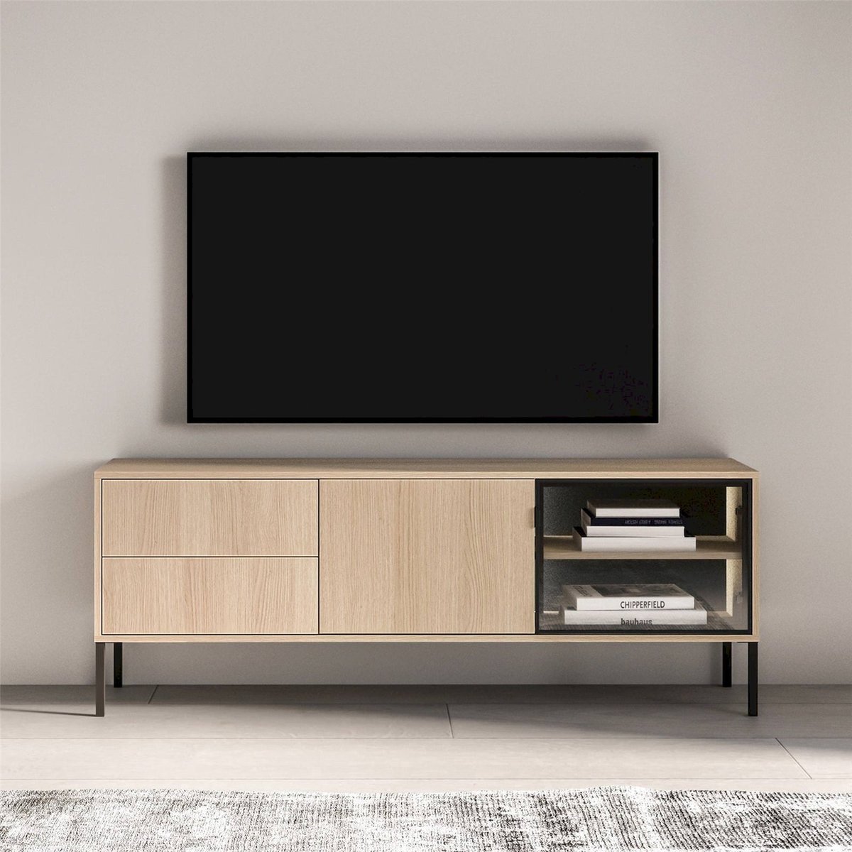 Meuble tv BARNEE bois avec portes et leds cachemire, RECOLLECTION