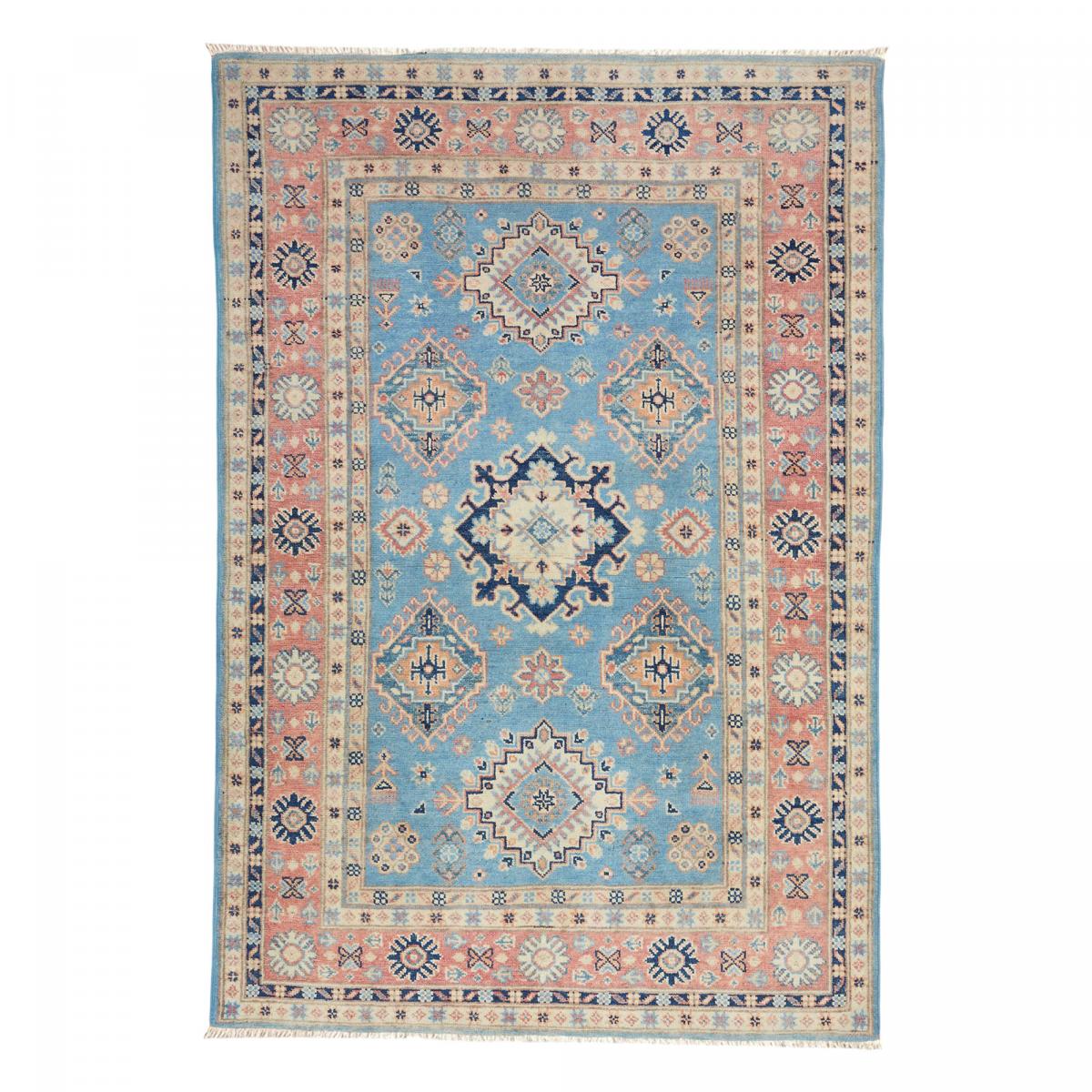 Tapis salon géométrique, artisanal noué main en laine naturelle bleu, beige, rose, UN AMOUR DE TAPIS