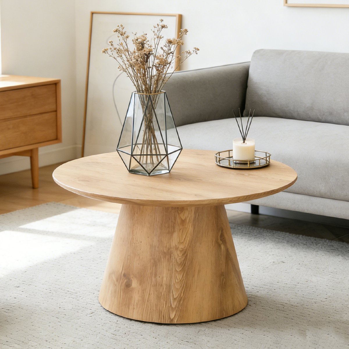 Table basse effet bois ronde scandinave, CONEA medium oak, MEUBLES COSY