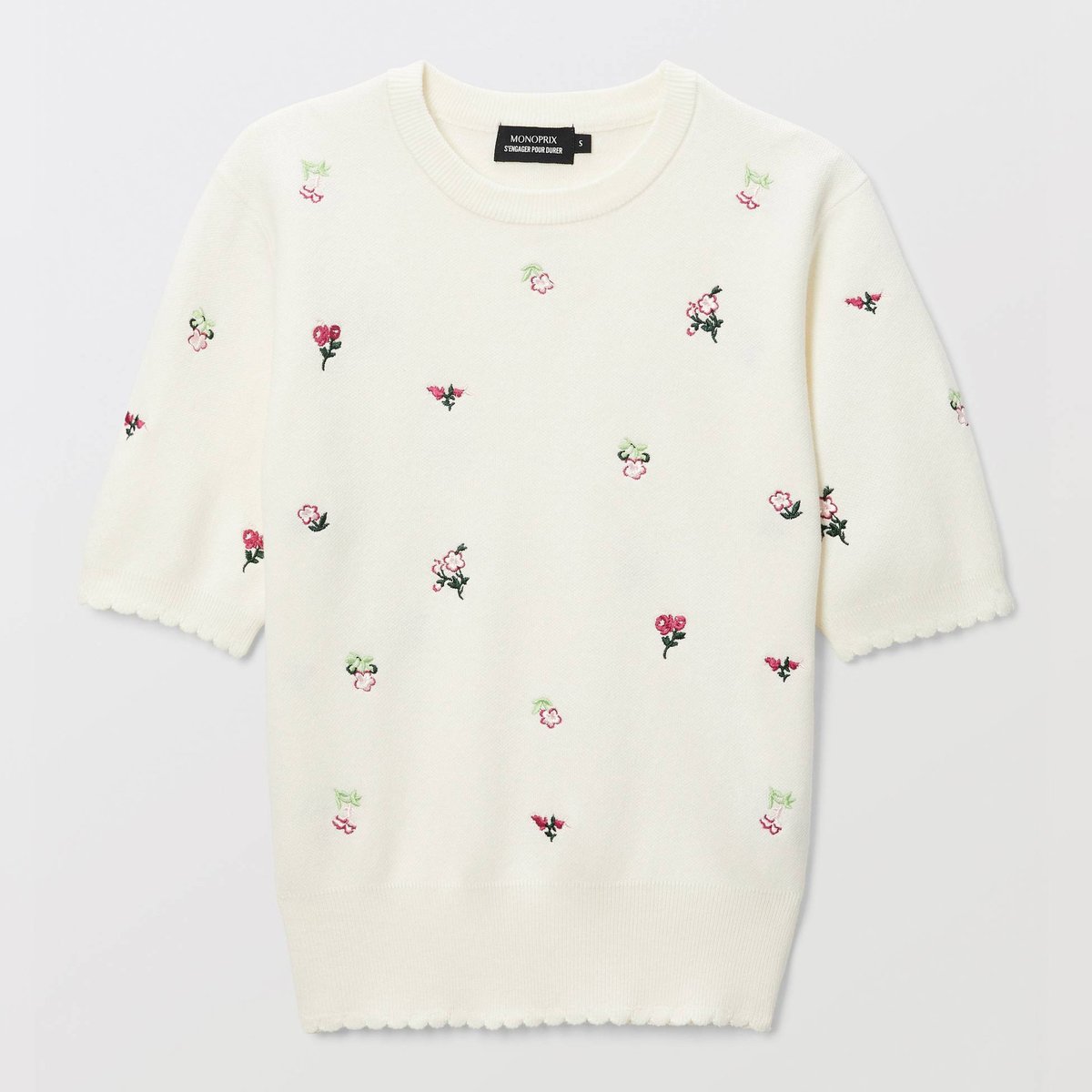 Pull manches courtes brodé en coton BIO GOTS ecru, MONOPRIX