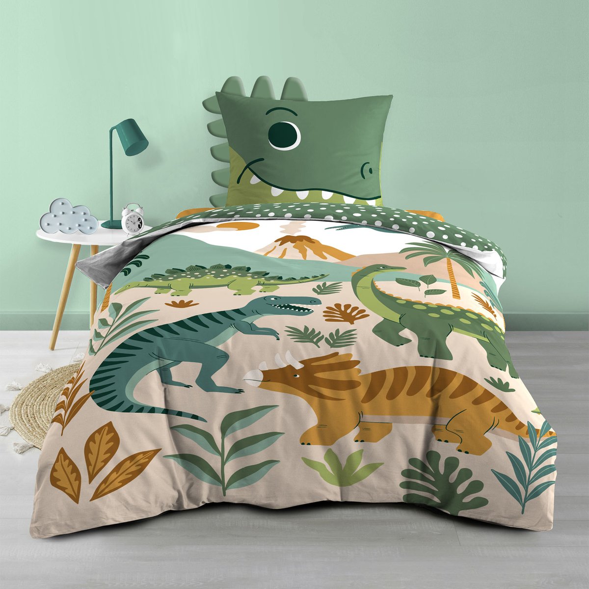 Parure de lit enfant 2 pièces 100 % coton imprimé dinosaures housse + taie vert, DOUCEUR D'INTÉRIEUR
