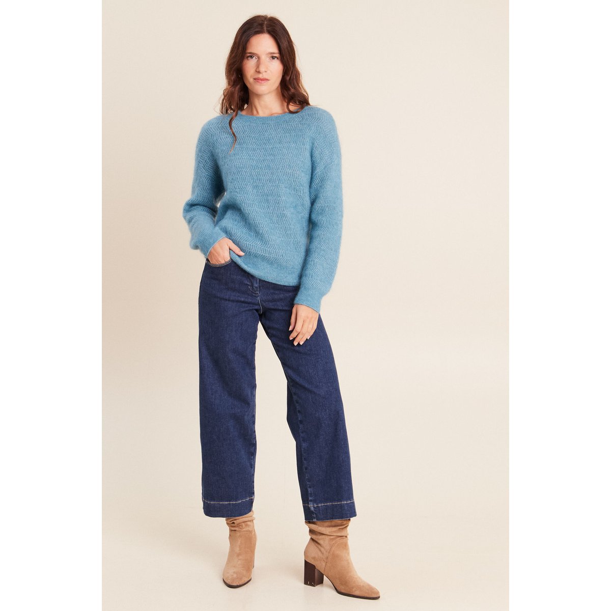 Pull droit col rond manches longues bleu pétrole, BREAL