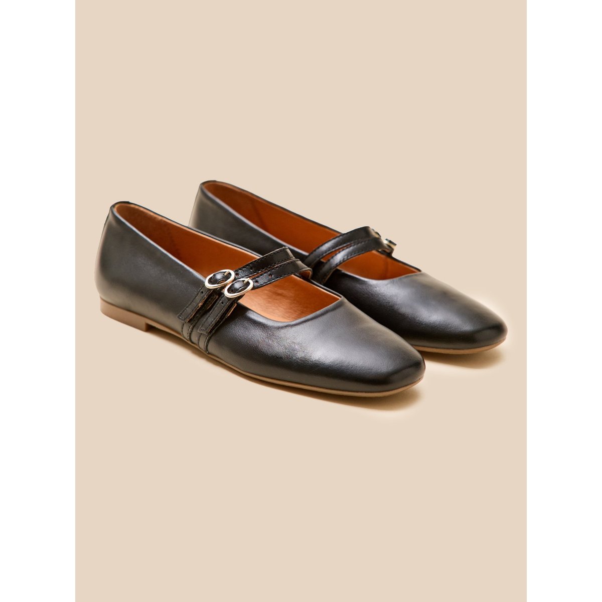 Ballerines 2 brides cuir noir, CYRILLUS
