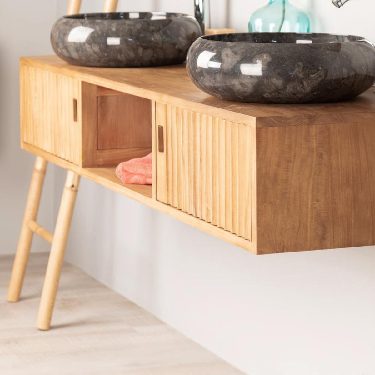Meuble suspendu de en teck rectangle double vasque 145 cm MYA naturel, WANDA COLLECTION