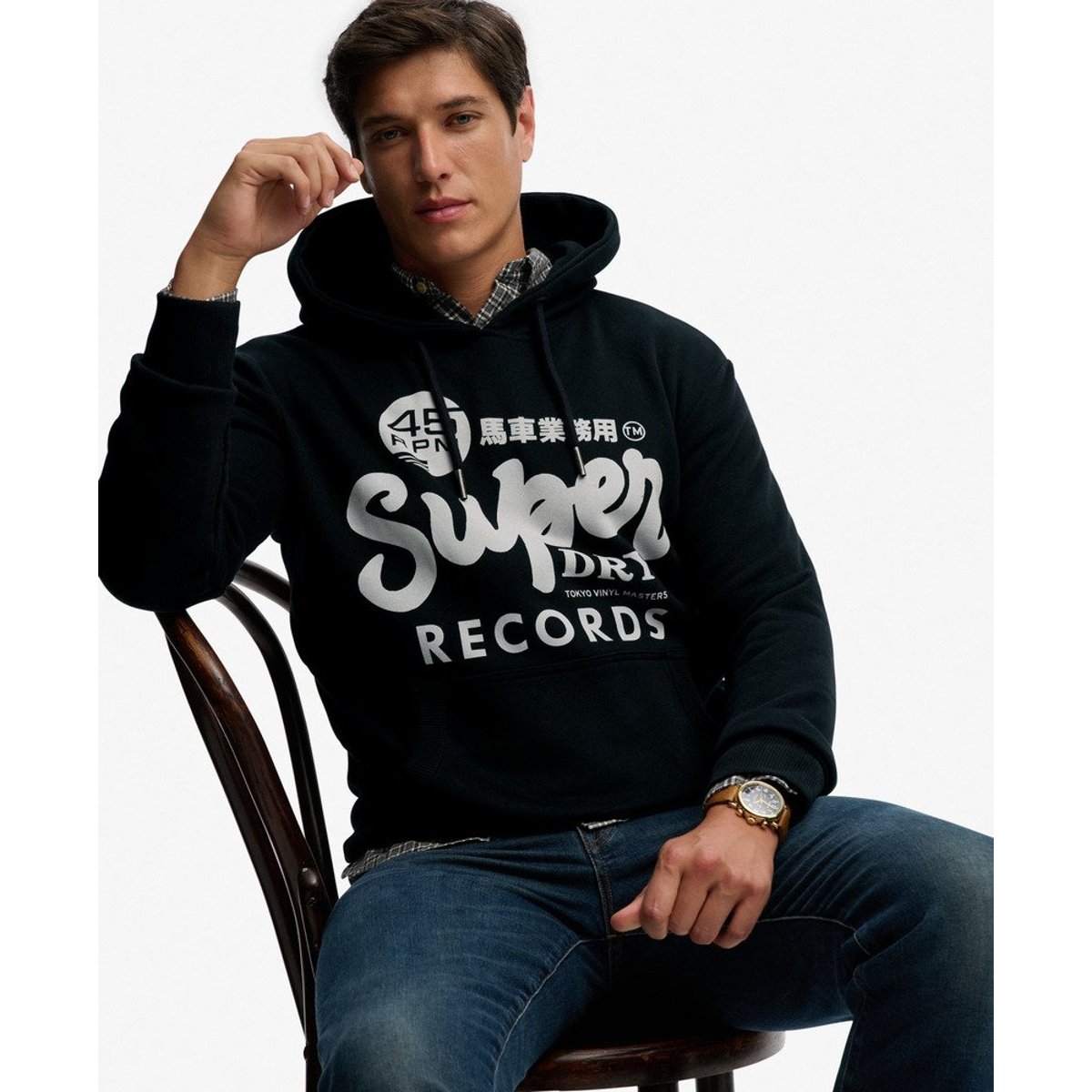 Sweat à capuche Records coupe décontractée noir, SUPERDRY
