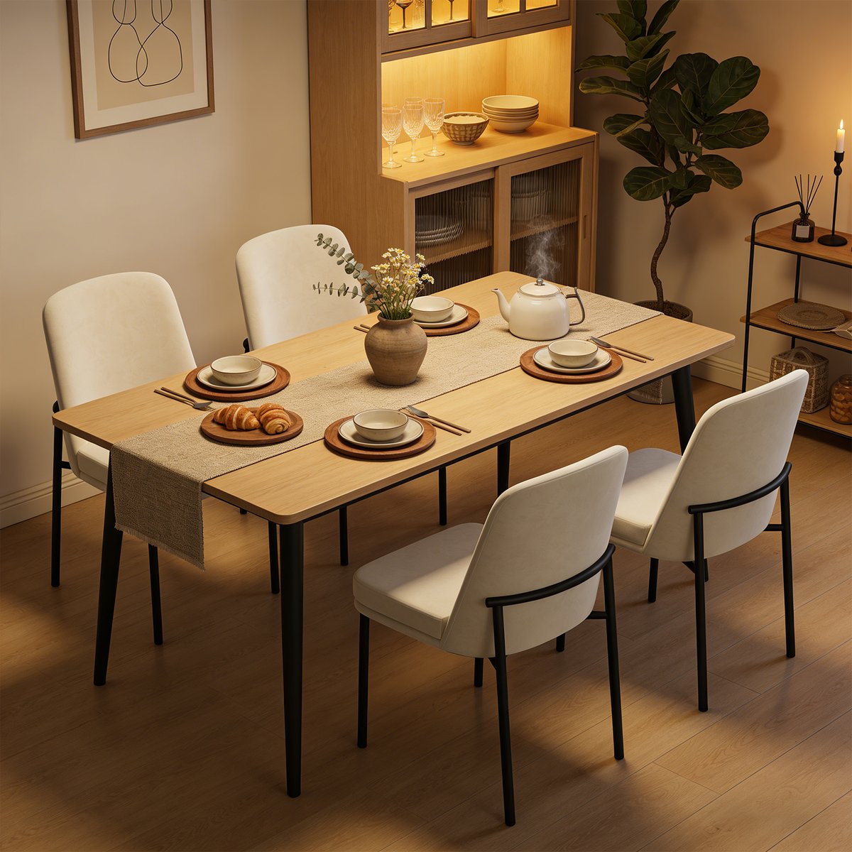 Lot de 4 chaises de salle à manger en velours avec pieds métal, DUORAUC beige, MEUBLES COSY