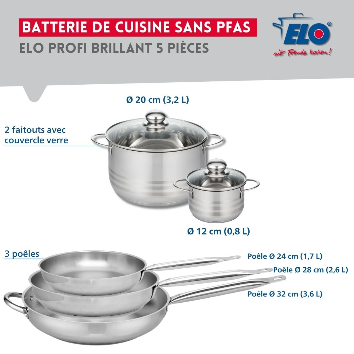 Batterie 3 poêles 24/28/32cm + 2 faitouts 12/20cm PROFI BRILLANT gris, ELO