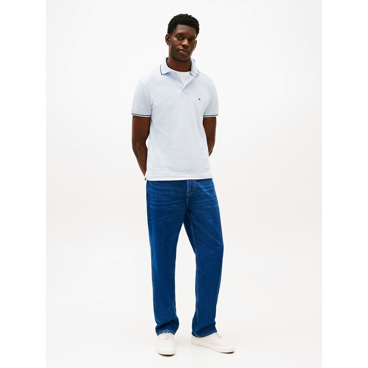 Polo ajusté à liseré bleu ciel, TOMMY HILFIGER